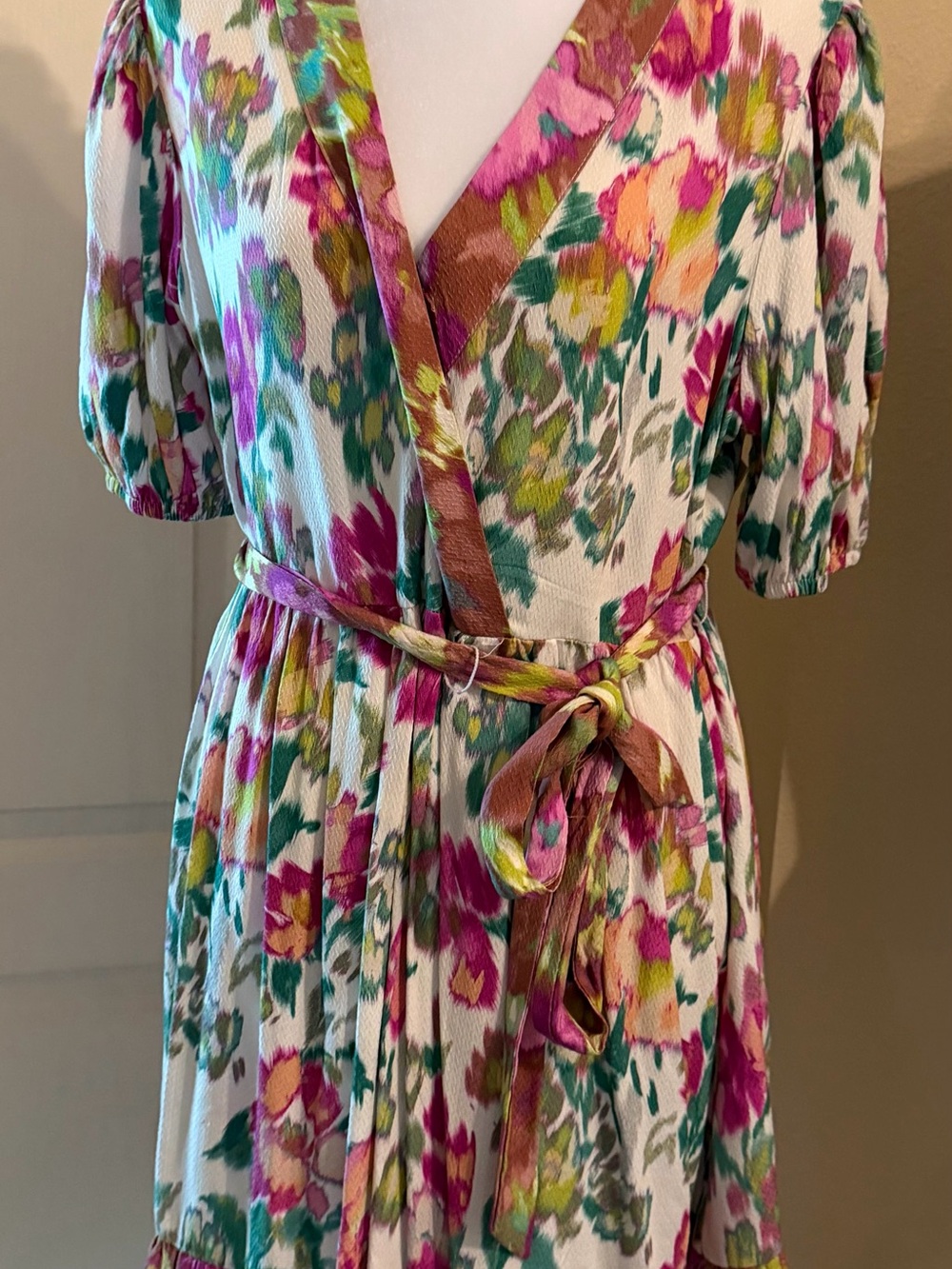 Westbound Cream Floral Wrap Midi Dress with Pink & Green Accents